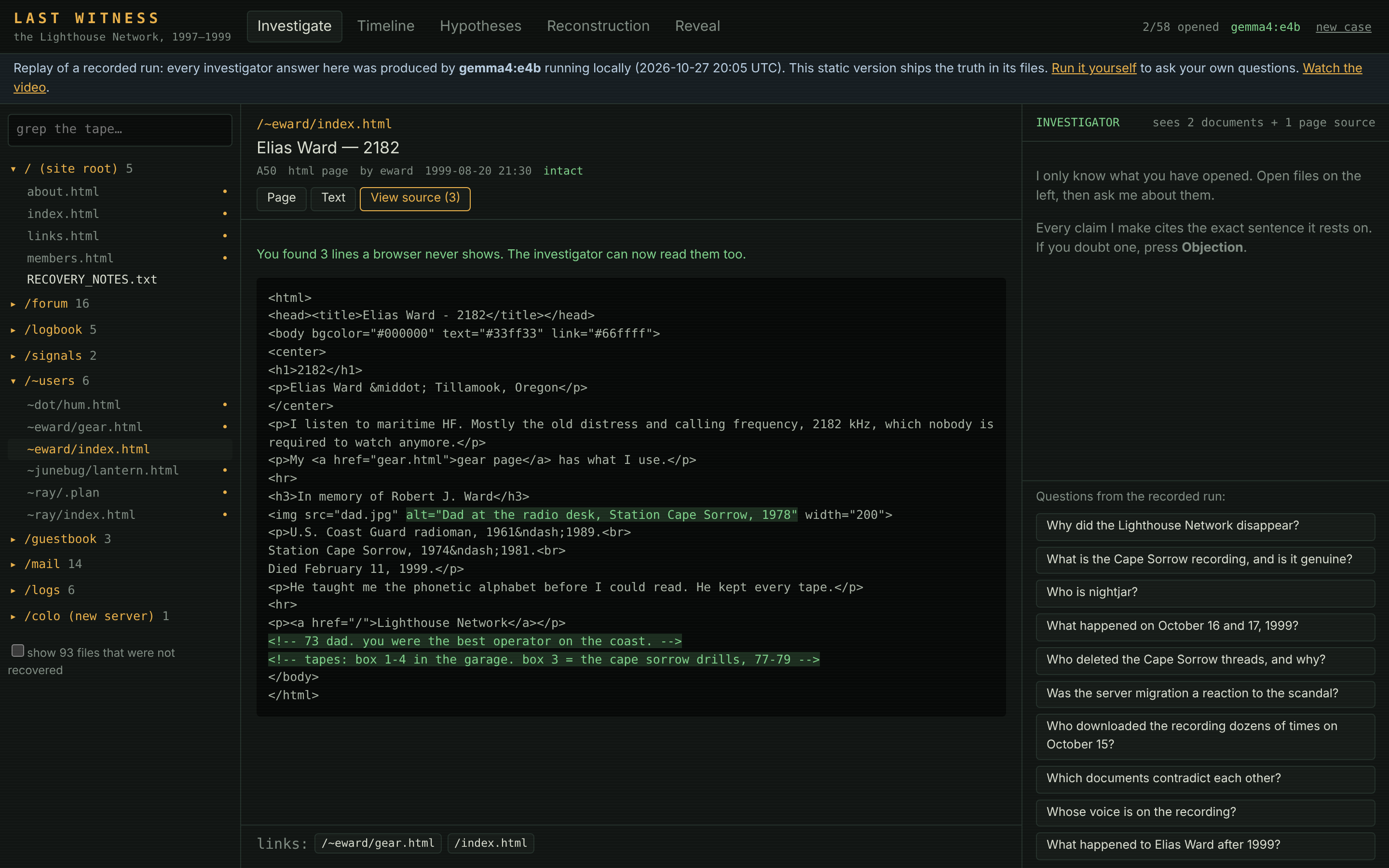 Elias Ward's 1999 home page in View Source mode, with two highlighted HTML comments: "73 dad. you were the best operator on the coast." and "tapes: box 1-4 in the garage. box 3 = the cape sorrow drills, 77-79"