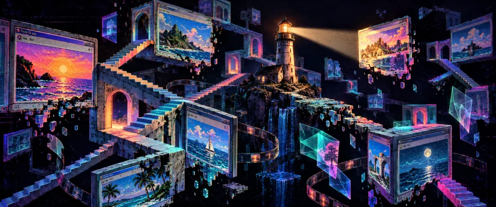 A lighthouse on a dark cliff sweeps its beam across a night sky full of floating 1990s browser windows, stone staircases and arches, film strips and glass shards; the windows show pixel-art seascapes, a sailing boat and a moonlit sea, and a waterfall pours from the cliff into the dark.