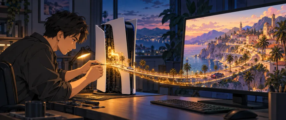 Anime engineer opening a PlayStation 5 at a desk at dusk; a glowing circuit road flows out of the console onto a PC monitor showing a sunlit coastal city with cars and palm trees.