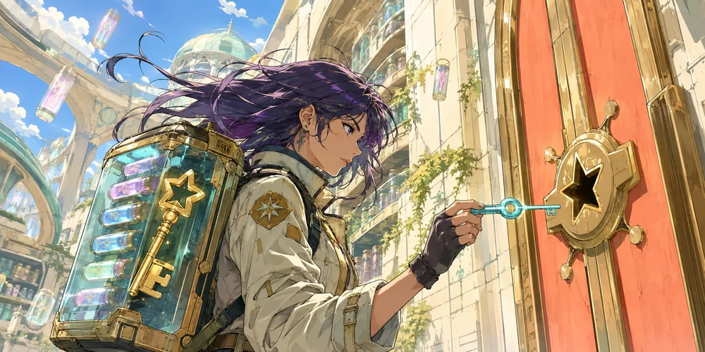 An anime courier tries the wrong key in a star-shaped lock while the matching key sits among the memories in her transparent backpack.