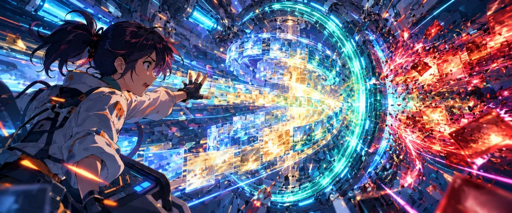 Anime engineer protecting a glowing archive of patient-memory records from red duplicate fragments with a blue verification barrier.