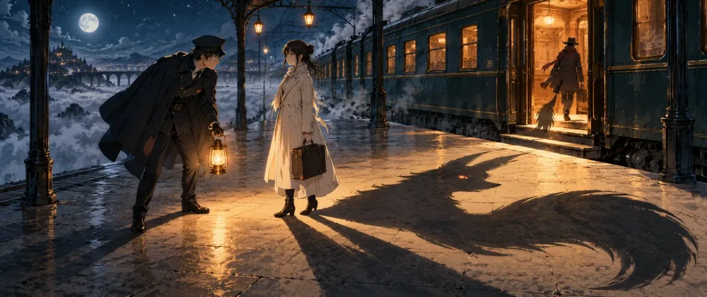 Anime night scene on a railway platform under a full moon: a conductor with a lantern faces a woman in a pale coat holding a suitcase, but her shadow on the wet platform is a fox's, with a glowing red eye. A figure with a fox's tail boards a lit carriage, and a castle rises above the clouds in the distance.
